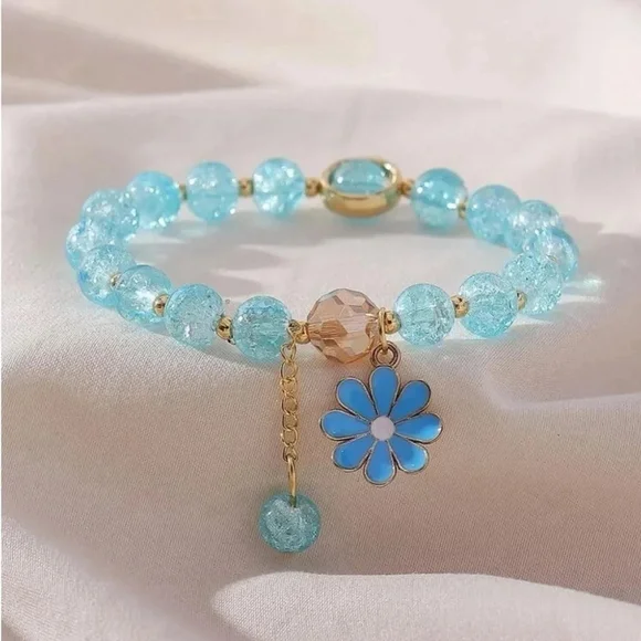 ⚠️Clearance Blue And Gold Flower Charm Beaded Bracelet SS - Picture 1 of 6